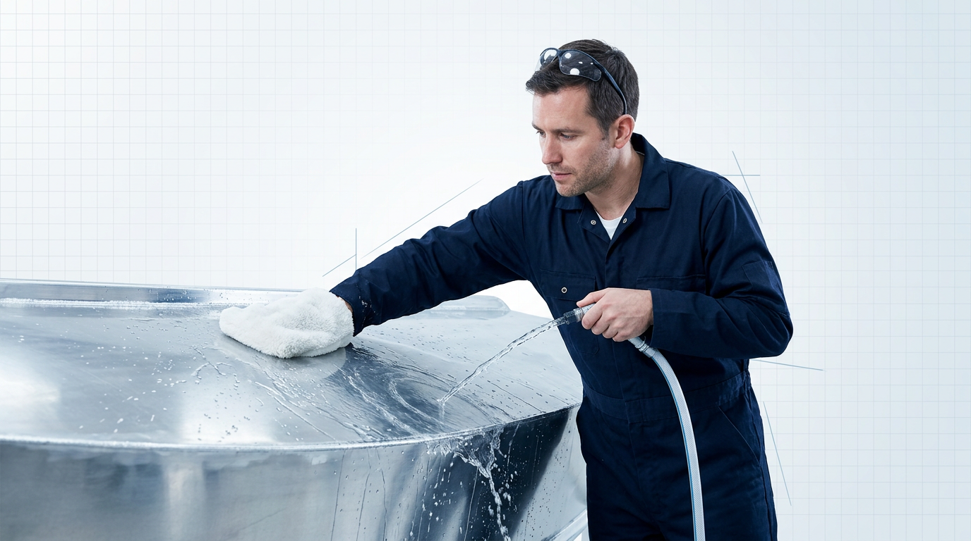 Technician in navy coveralls washing a polished aluminum boat hull with a soft mitt and running water, demonstrating pre-clean technique before oxidation removal treatment.