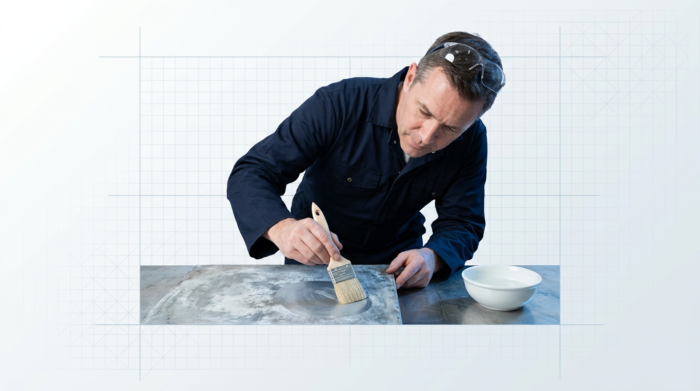 Engineer in navy coveralls applying liquid cleaner with soft-bristle brush to dull oxidised aluminium surface in bright workshop, with bowl of acid solution visible nearby.