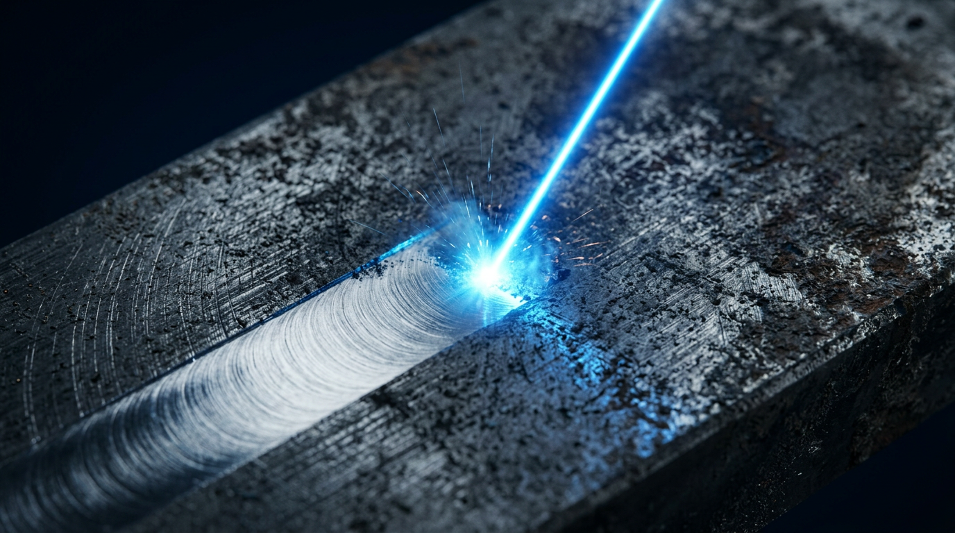 Close-up of metallic aluminium surface with electric blue laser beam creating sharp contrast between oxidized and cleaned areas, with glow and ablation particles visible at the beam contact point.
