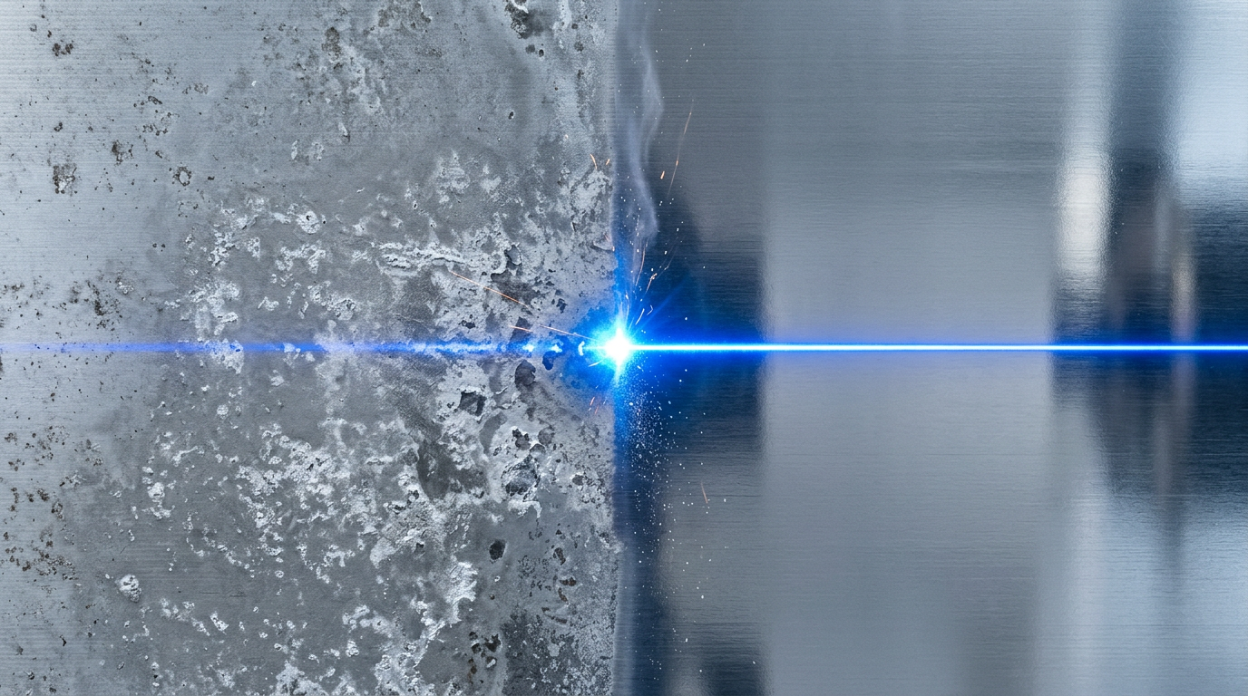 Laser beam sweeping across aluminium surface, dividing oxidised corroded metal on left from polished bare aluminium on right, with electric blue laser line marking the cleaned boundary.