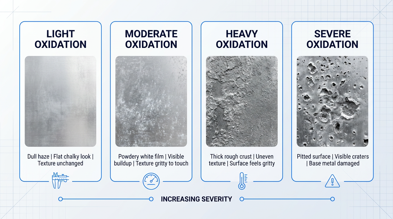 Four-column comparison showing progressive stages of aluminium oxidation from light haze to severe pitting, with surface texture descriptions and severity indicators for self-diagnosis.