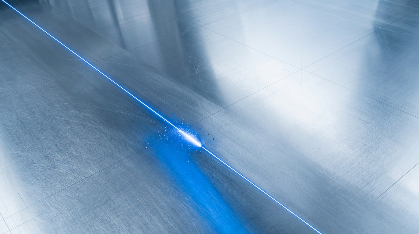 Polished aluminium surface with diagonal electric blue laser line cutting across lower-left quadrant, showing bright contact point and particle ablation where laser meets metal.
