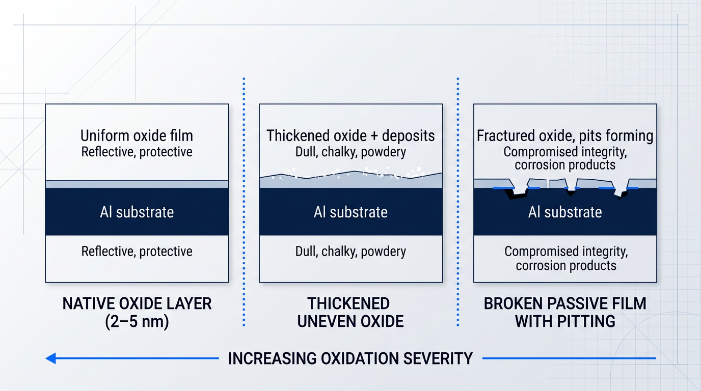 Cross-sectional diagram of three aluminium oxidation stages: native oxide layer (2–5 nm) with reflective surface, thickened uneven oxide with powdery deposits, and broken passive film with substrate pitting.