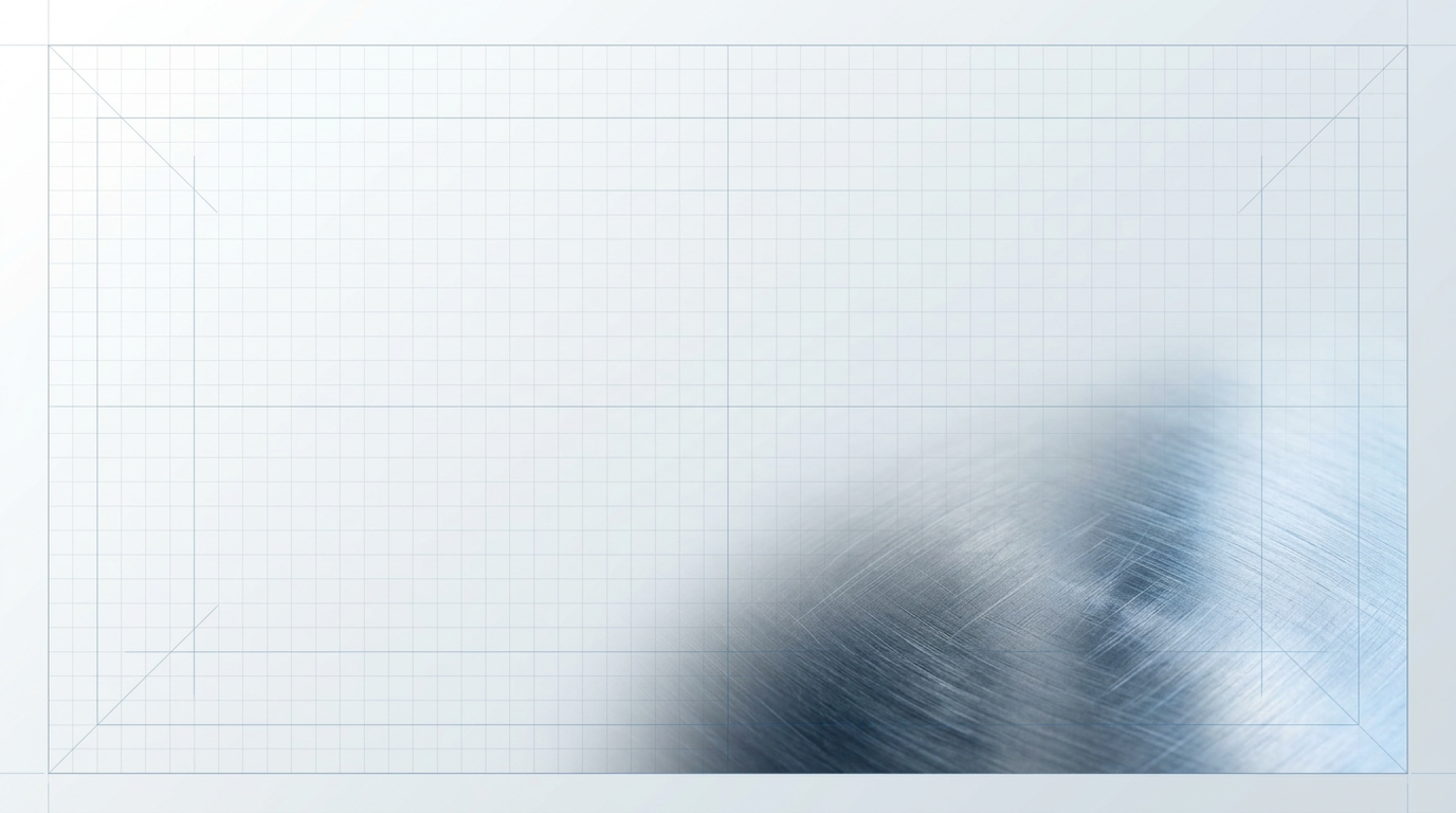 Clean light gradient background with faint geometric grid pattern and brushed aluminium surface detail in lower-right quadrant, showing machining marks and cool blue reflections.