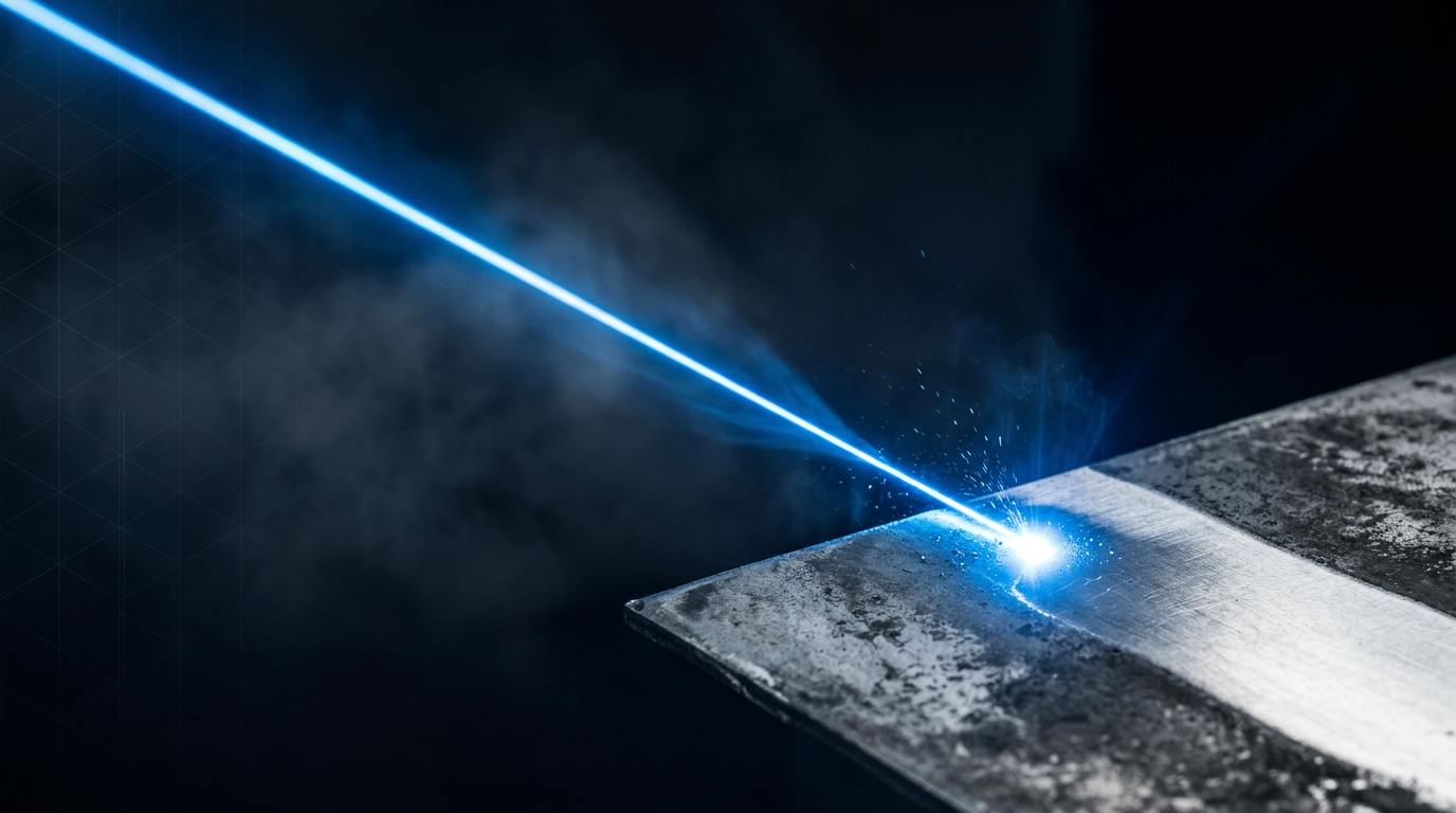 Focused laser beam cutting through dark industrial environment, creating bright electric blue contact point on aluminum surface showing stark contrast between oxidized dull grey material on left and clean polished silver on right.