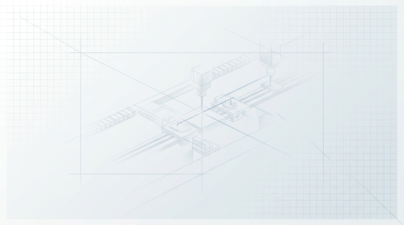 Clean off-white to light grey gradient with faint geometric grid pattern and thin blue-grey construction lines suggesting technical engineering workspace.