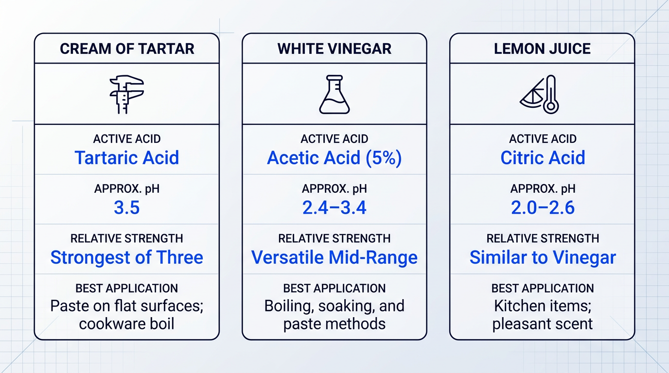 Three-column comparison of household acids for aluminum oxidation: cream of tartar (pH 3.5, tartaric acid, strongest), white vinegar (pH 2.4–3.4, acetic acid, versatile), lemon juice (pH 2.0–2.6, citric acid, similar to vinegar). Each column shows active acid, pH value, relative strength, and best application.