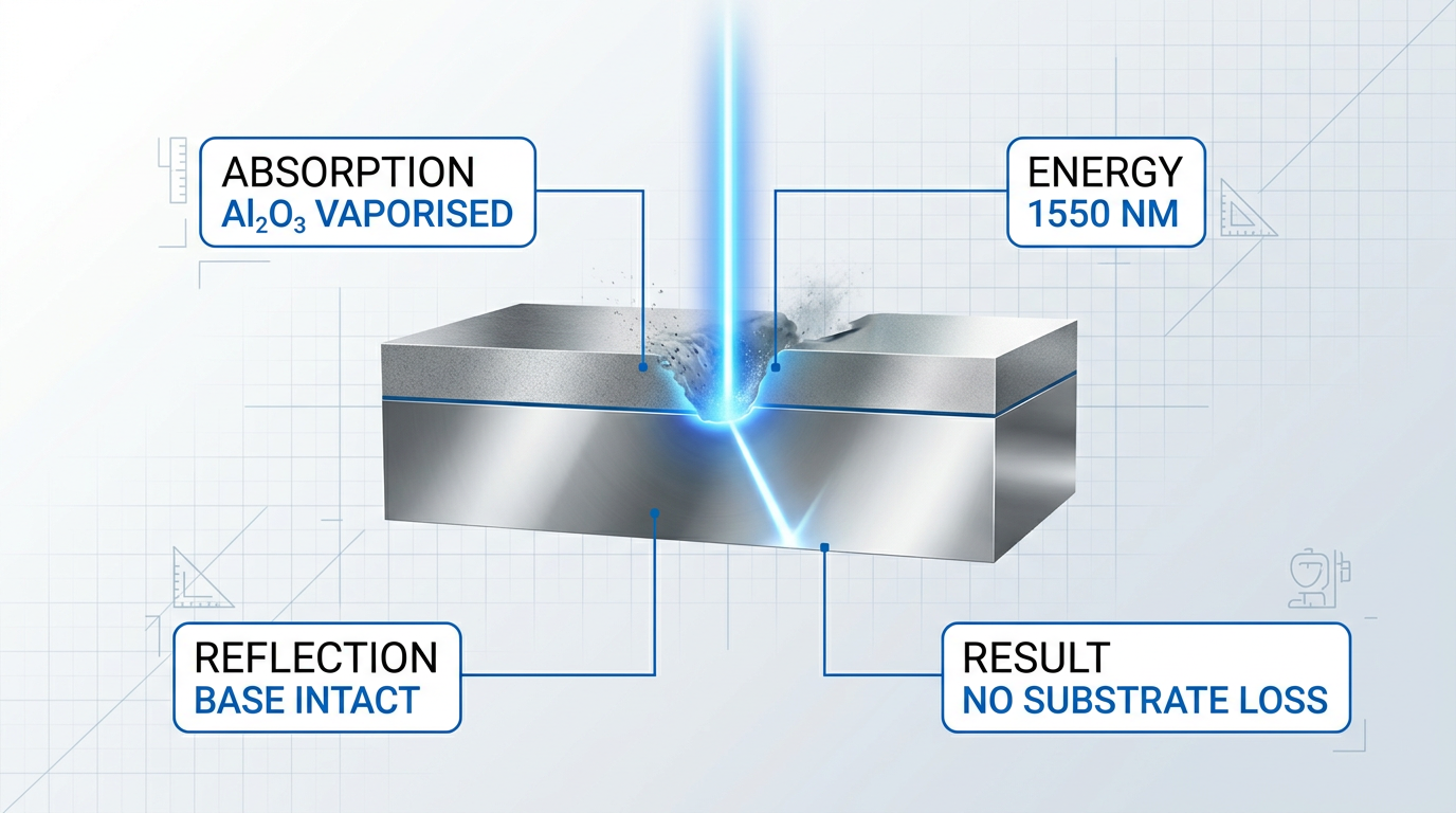 Cross-section diagram of laser beam striking two-layer aluminum surface: top oxide layer vaporized with electric blue glow at contact point, bottom base aluminum layer intact and reflective. Four labeled containers indicate absorption, energy wavelength, reflection, and result with connector lines to relevant diagram sections.