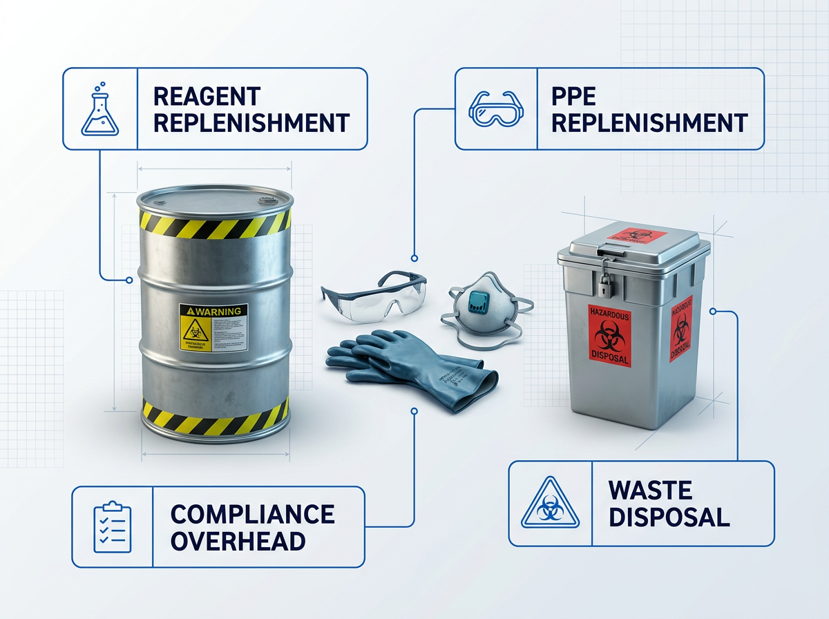 Industrial chemical drum with hazard striping, personal protective equipment including gloves and respirator, and hazardous waste disposal container arranged left to right, each annotated with cost-indicator labels: reagent replenishment, PPE replenishment, waste disposal, and compliance overhead.