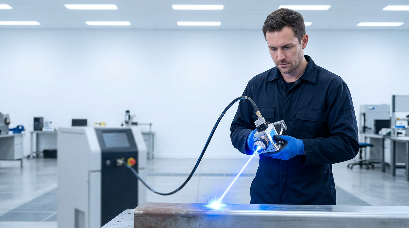 Technician in dark coveralls operating ELASER laser cleaning scanner on aluminium surface in bright open workshop, electric blue laser beam visible at contact point, no safety barriers or enclosures visible.
