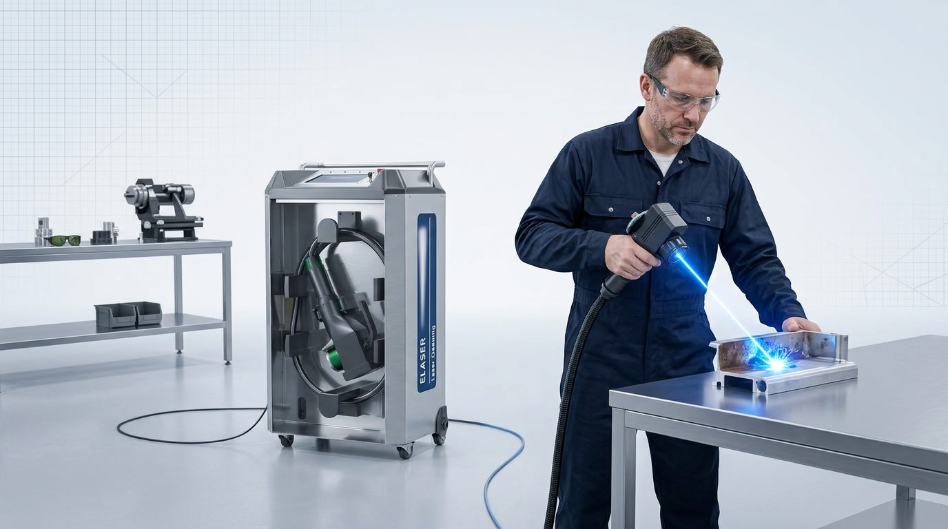 ELASER laser cleaning machine with extended fiber cable and scanner head held by technician in dark coveralls, directed at aluminum component on workbench with electric blue laser beam removing oxidation.