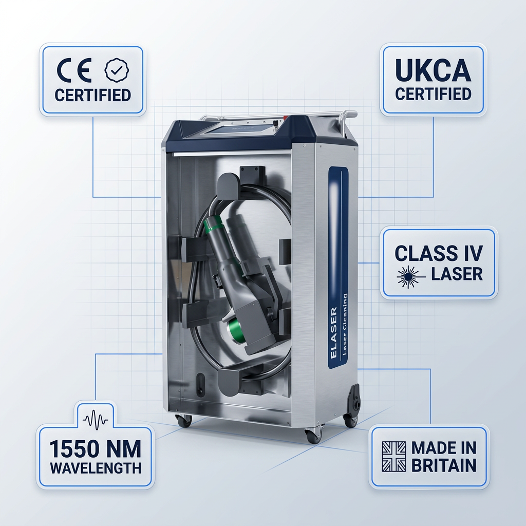 ELASER laser cleaning unit with five certification badges: CE Certified, UKCA Certified, Class IV Laser, 1550 nm Wavelength, Made in Britain. Photorealistic machine centered on light gradient background with electric blue bordered badge containers arranged around it.