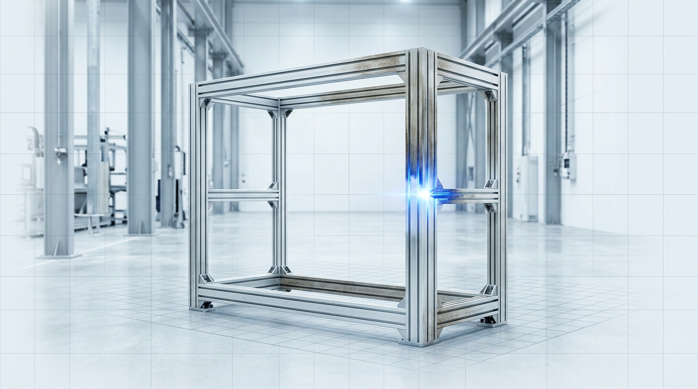 Large industrial aluminium equipment frame mounted in factory facility with laser cleaning removing oxidation from one section, revealing clean bare metal beneath.
