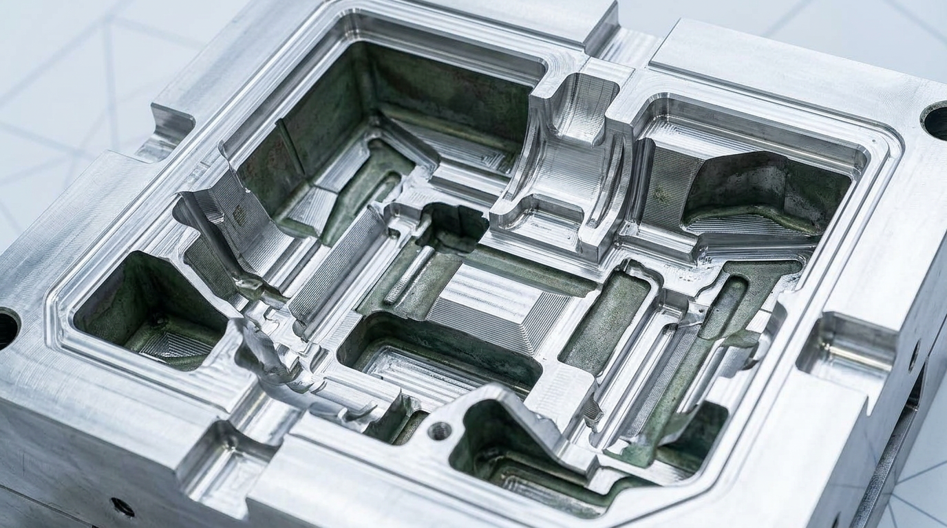 Close-up of aluminium injection mould cavity with intricate geometric detail, sharp edges, and oxidation patina in recessed areas contrasting with bright bare aluminium on raised features.