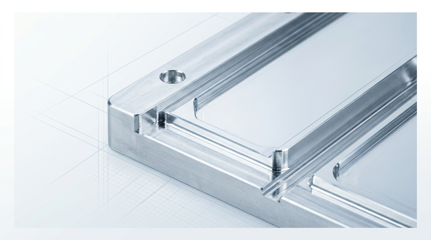 Close-up of pristine machined aluminium aerospace panel with mirror-like reflective surface, crisp machining marks, and oxide-free base material under cool directional studio lighting in a clean industrial workspace.