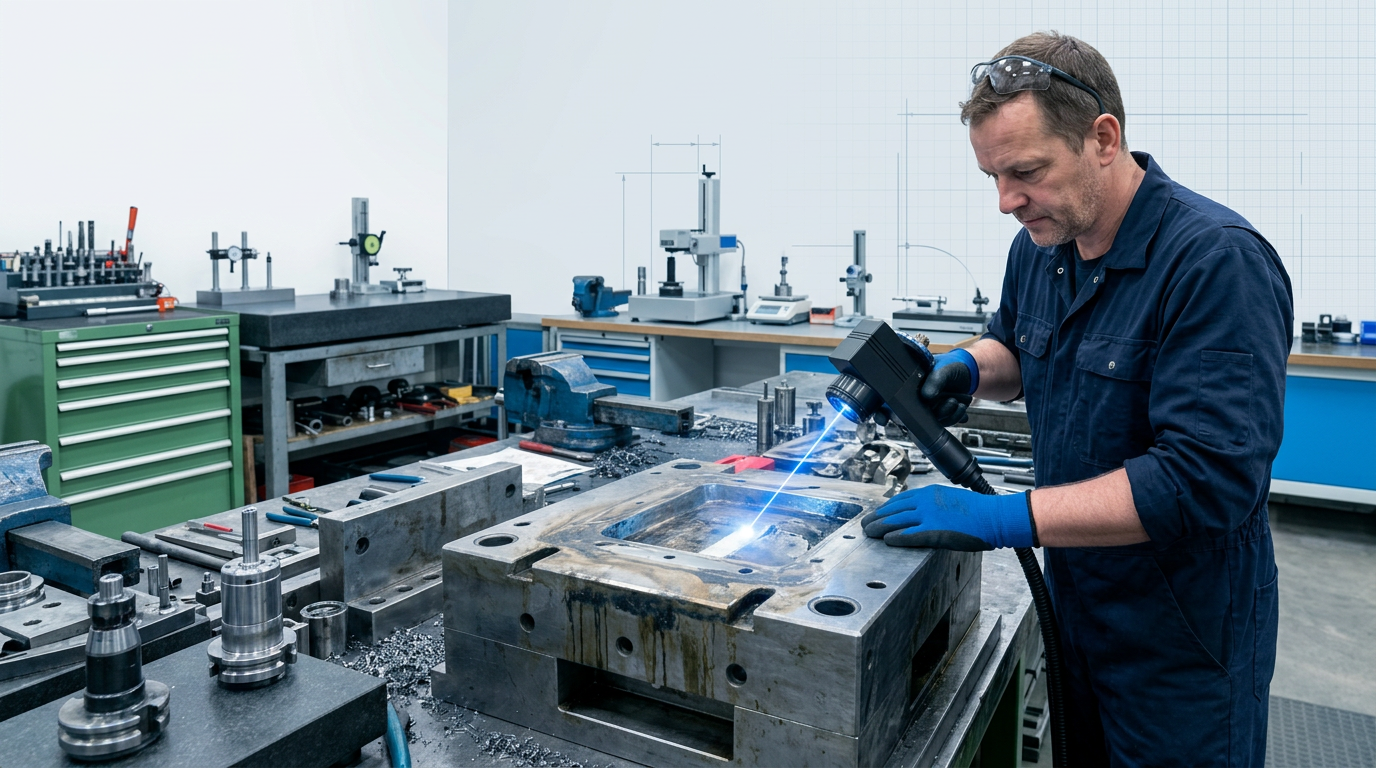 Skilled engineer in navy coveralls operating ELASER laser scanner on aluminum component, with oxidized surface transitioning to bright bare metal at the laser contact point showing electric blue glow and ablation particles.