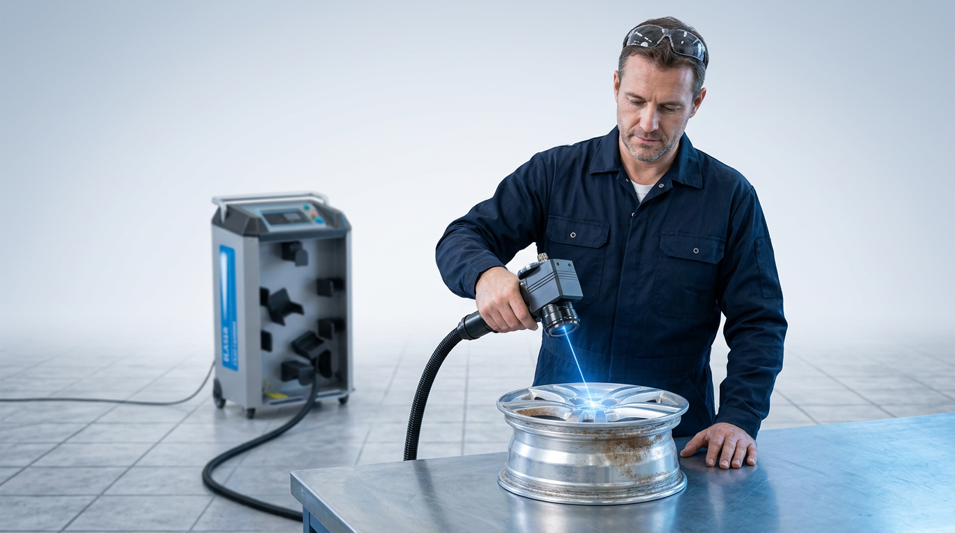 Technician in dark coveralls holding compact handheld laser scanner directed at polished aluminium alloy wheel on workbench, with electric blue laser glow at contact point and wheeled ELASER unit visible in background.