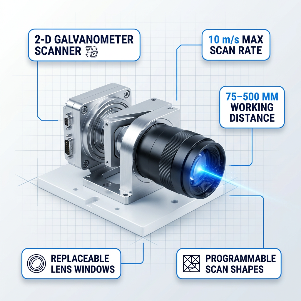 Close-up of 2-D galvanometer scanner head assembly with dual orthogonal mirrors, precision optical interface, and five informational badges labeling scan rate, working distance, and programmable capabilities.
