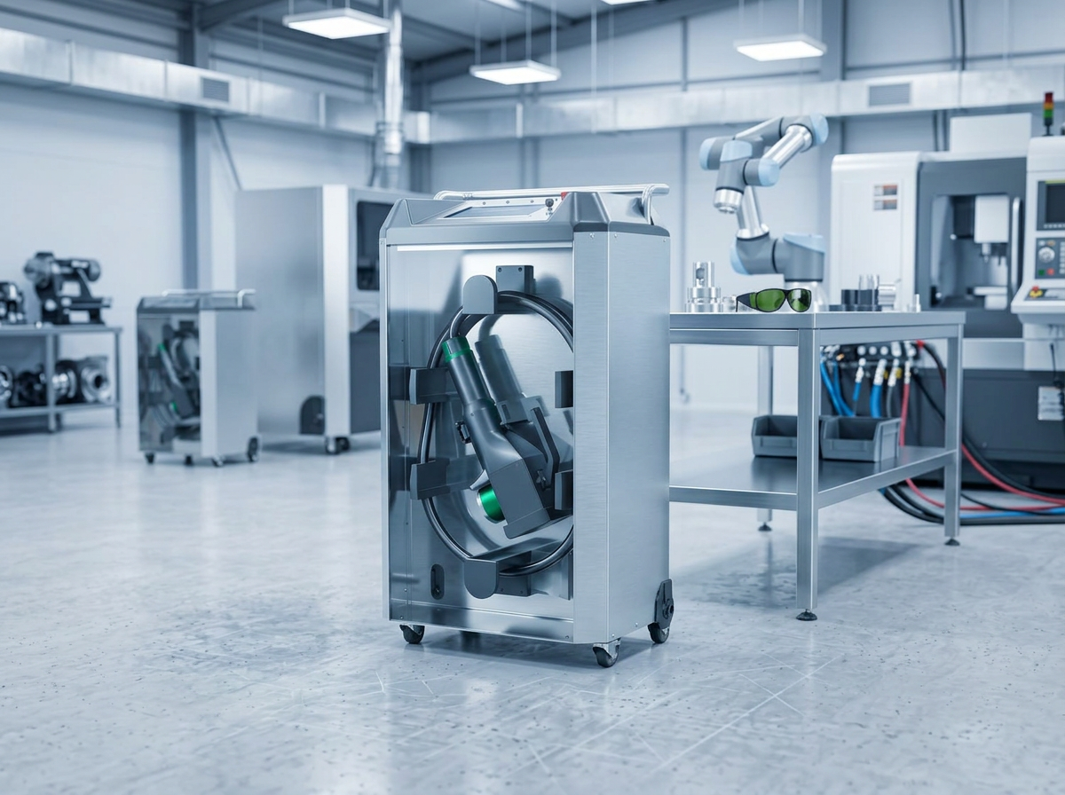 ELASER laser cleaning machine positioned in a bright, tidy British manufacturing workshop with stainless steel workbenches and professional overhead lighting.