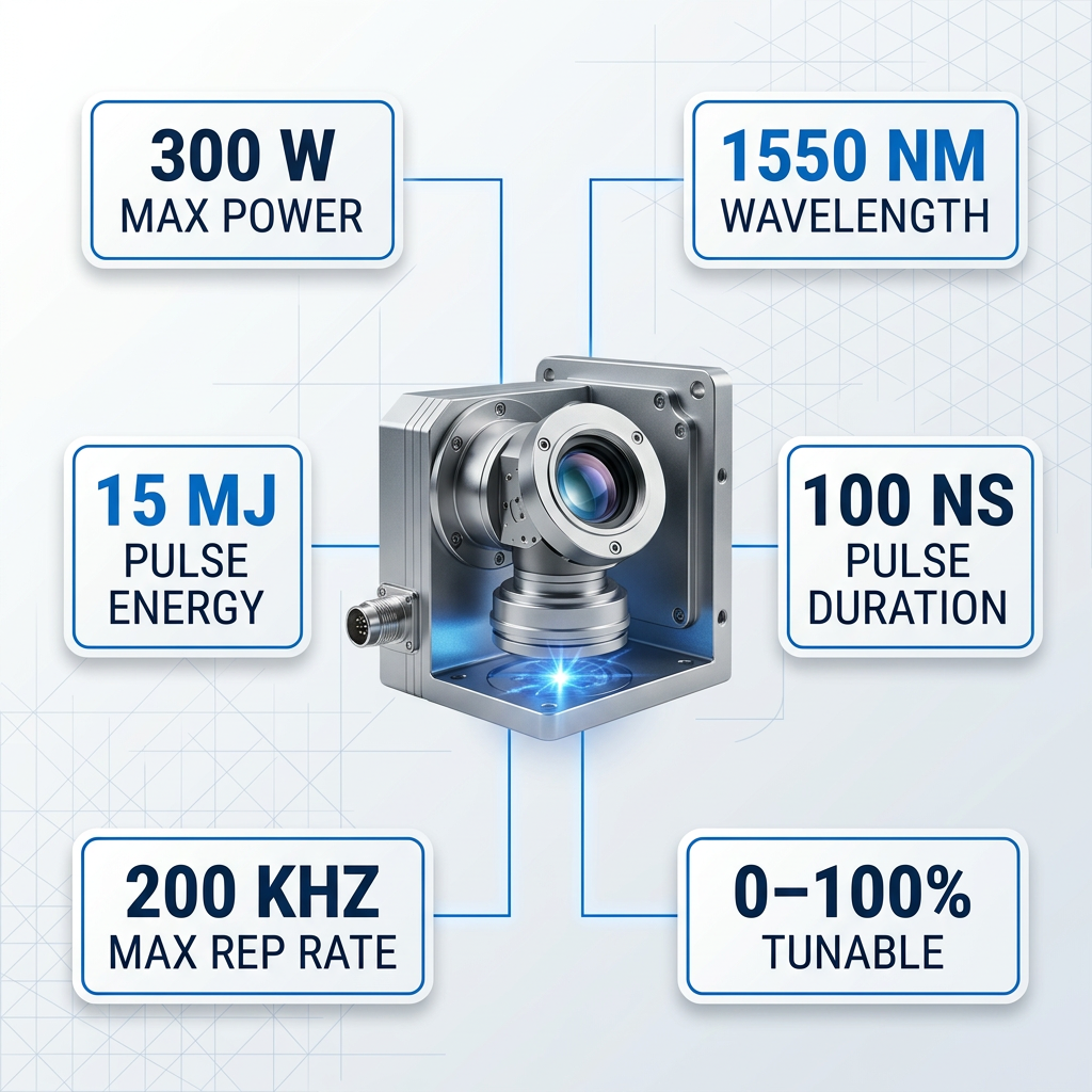 Fiber laser cleaning head with six specification badges arranged around it: 300W max power, 1550nm wavelength, 15mJ pulse energy, 100ns pulse duration, 200kHz max repetition rate, and 0-100% tunable power. Electric blue connector lines route from badges to the scanner unit.