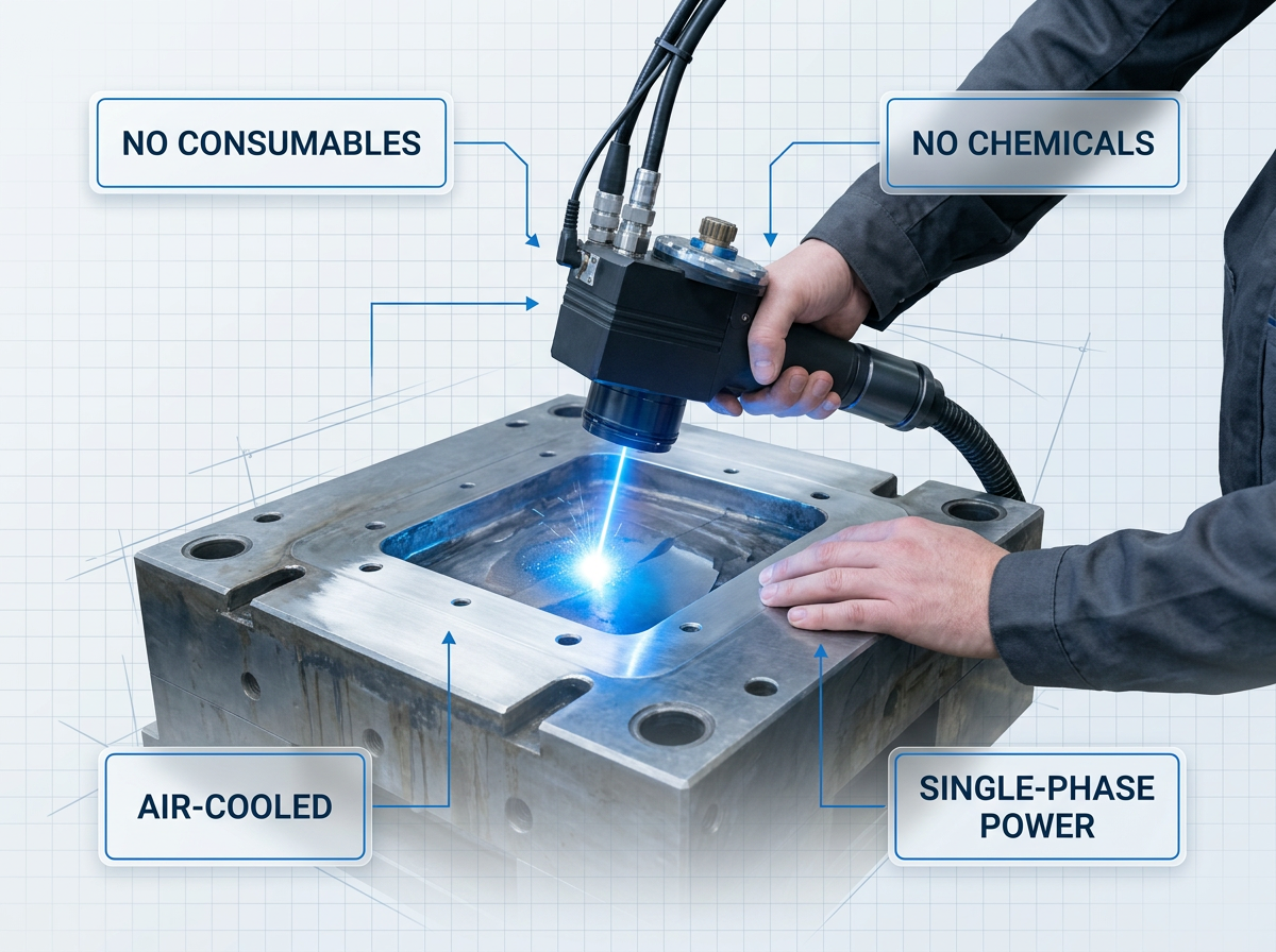ELASER laser cleaning head in operation on aluminium surface with electric blue laser beam visible at contact point, showing oxidized and cleaned areas side-by-side, with technician hand guiding scanner head. Four white informational badges positioned around the cleaning head display: No Consumables, No Chemicals, Air-Cooled, Single-Phase Power.