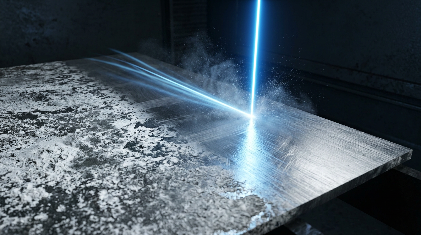 Close-up of electric blue laser beam cleaning oxidized aluminum surface, showing stark contrast between white oxidation buildup and clean bare metal where laser has passed.