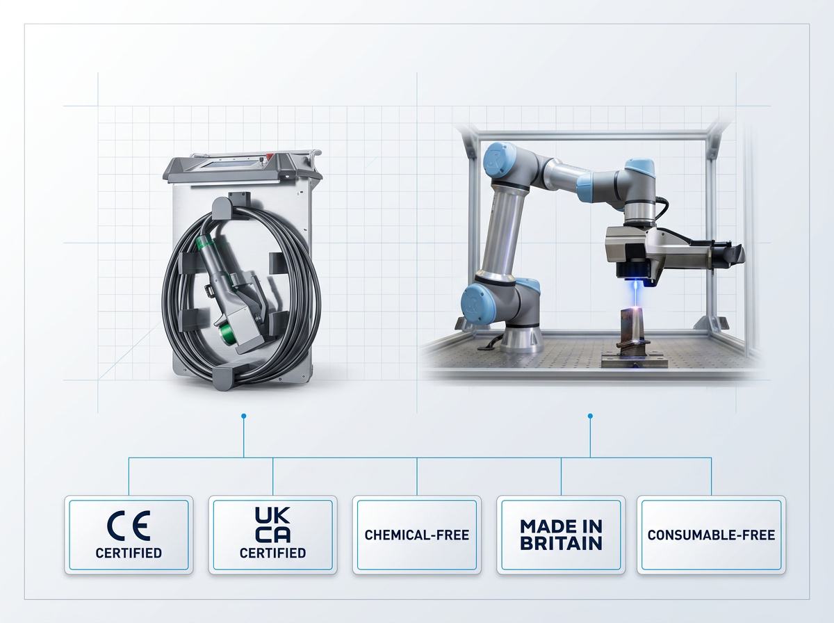 ELASER handheld laser scanner on left and AutoLASE robotic cell on right, side by side with five certification badges below: CE Certified, UKCA Certified, Chemical-Free, Made in Britain, Consumable-Free.