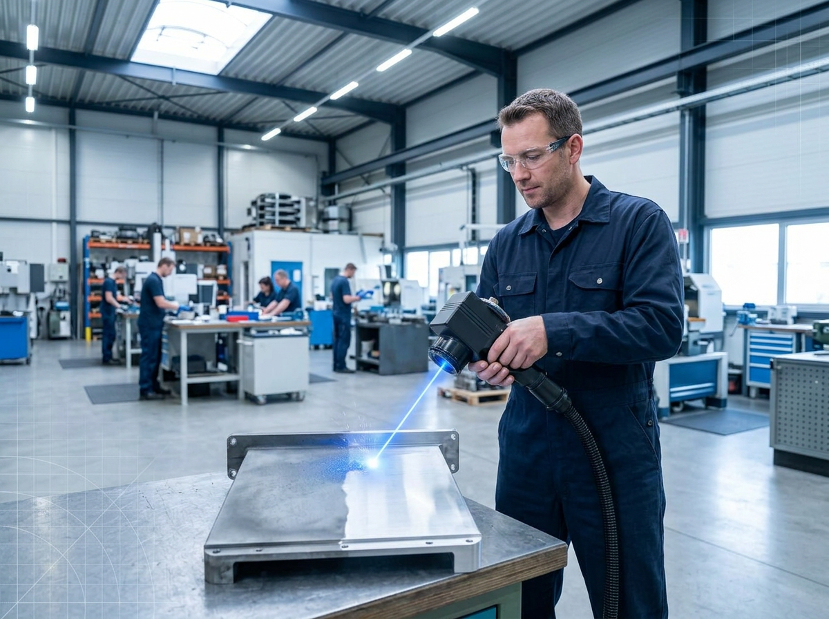 Industrial technician in navy coveralls using handheld ELASER laser scanner on aluminium component, with stark contrast between oxidized and cleaned surfaces at the electric blue laser contact point, colleagues and equipment visible in background workshop.