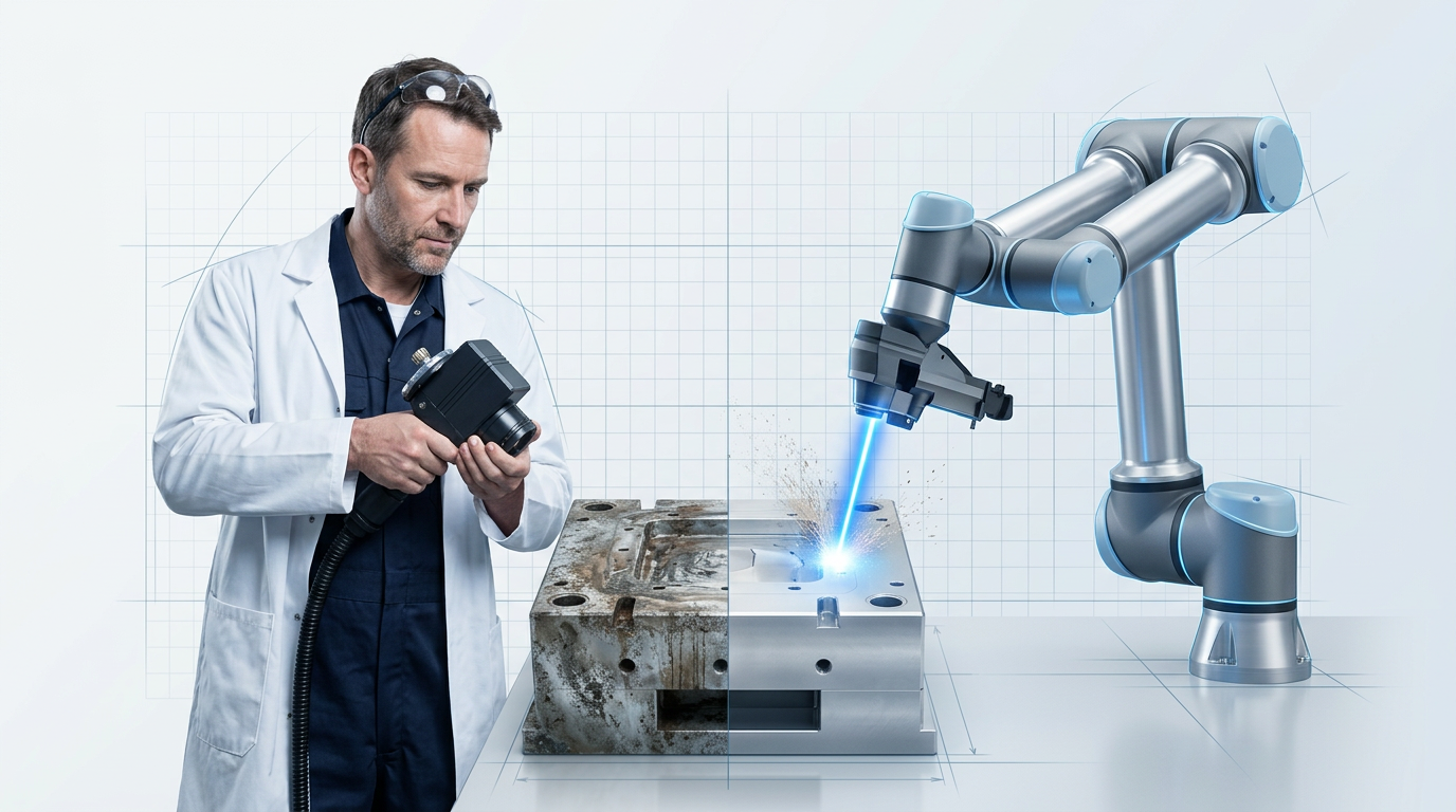 Split composition: left side shows technician in lab coat holding laser scanner pointed at oxidized aluminium; right side shows robotic arm with laser cleaning head over aluminium component with glowing blue laser contact point and cleaned surface.
