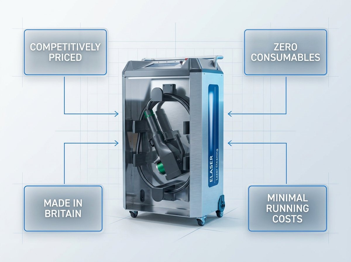 ELASER laser cleaning machine centered on light gradient background with four white information badges positioned around it labeled Competitively Priced, Zero Consumables, Made in Britain, and Minimal Running Costs, connected by thin blue lines.
