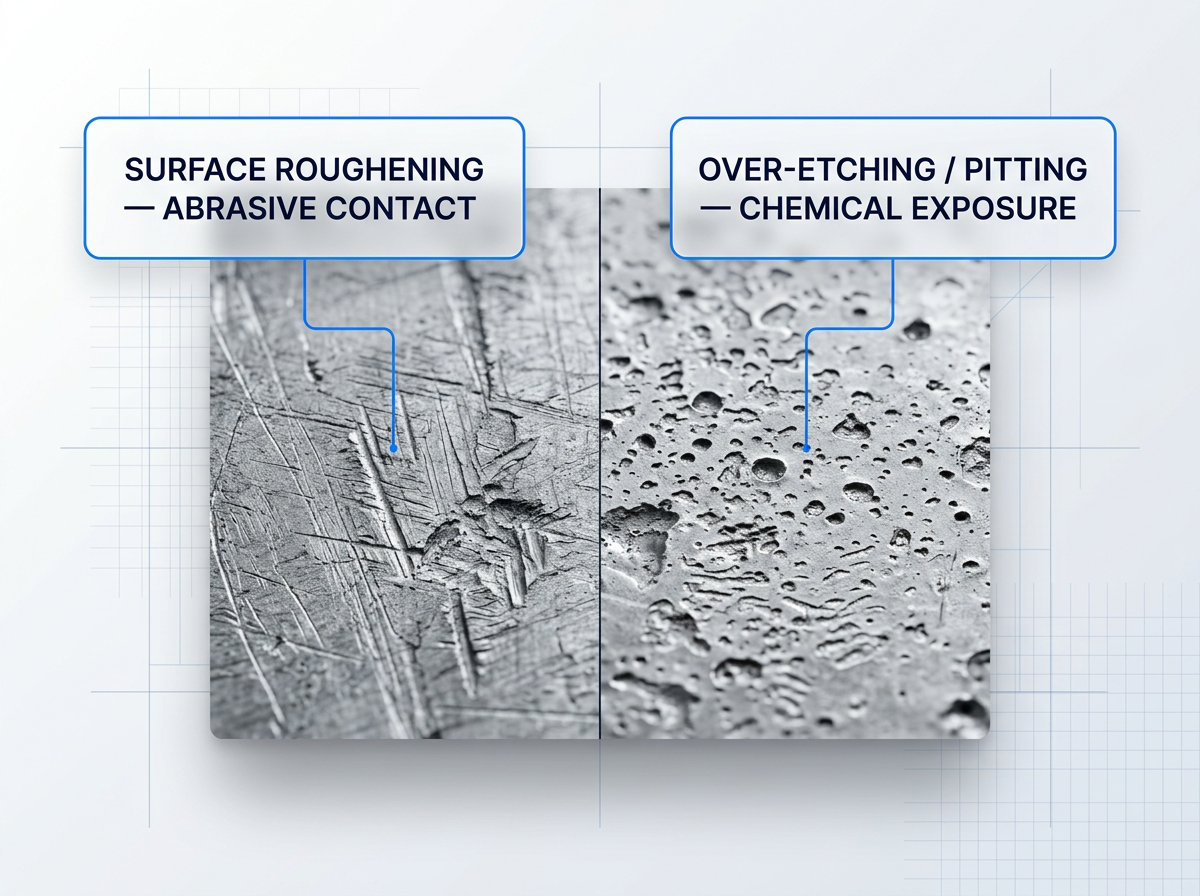 Close-up of aluminium surface divided vertically: left side shows parallel scratch marks and gouges from abrasive damage; right side displays crater-like pits from chemical over-etching. Labels identify each damage type.