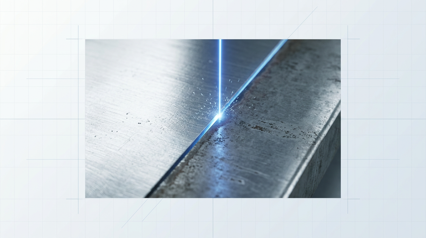 Close-up of aluminium surface showing sharp boundary between clean reflective metal and oxidised material, with electric blue laser beam precisely targeting the oxide layer at the dividing line.