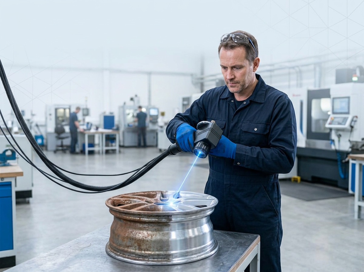 Engineer in dark coveralls uses compact handheld ELASER laser scanner on aluminium alloy wheel at workbench in open workshop, with oxidized and cleaned metal surfaces visible and blue laser glow at contact point.