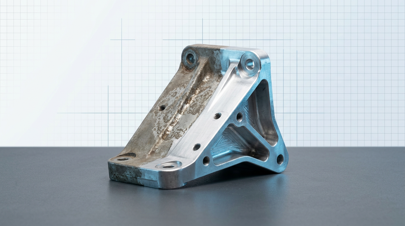 Worn aluminium driveline bracket on workshop bench, one half oxidized and corroded, the other half cleaned to bright bare metal with sharp contrast.