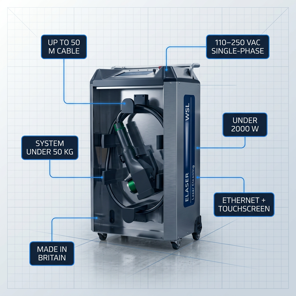 ELASER wheeled laser cleaning system in industrial workshop with six specification badges: cable length, power supply, power consumption, interface, manufacturing origin, and system weight.