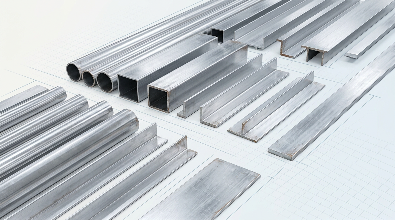 Batch of aluminium extrusion profiles and structural sections arranged on a workshop bench under bright lighting, showing clean bare metal surfaces with machining detail and dimensional consistency ready for weld preparation.