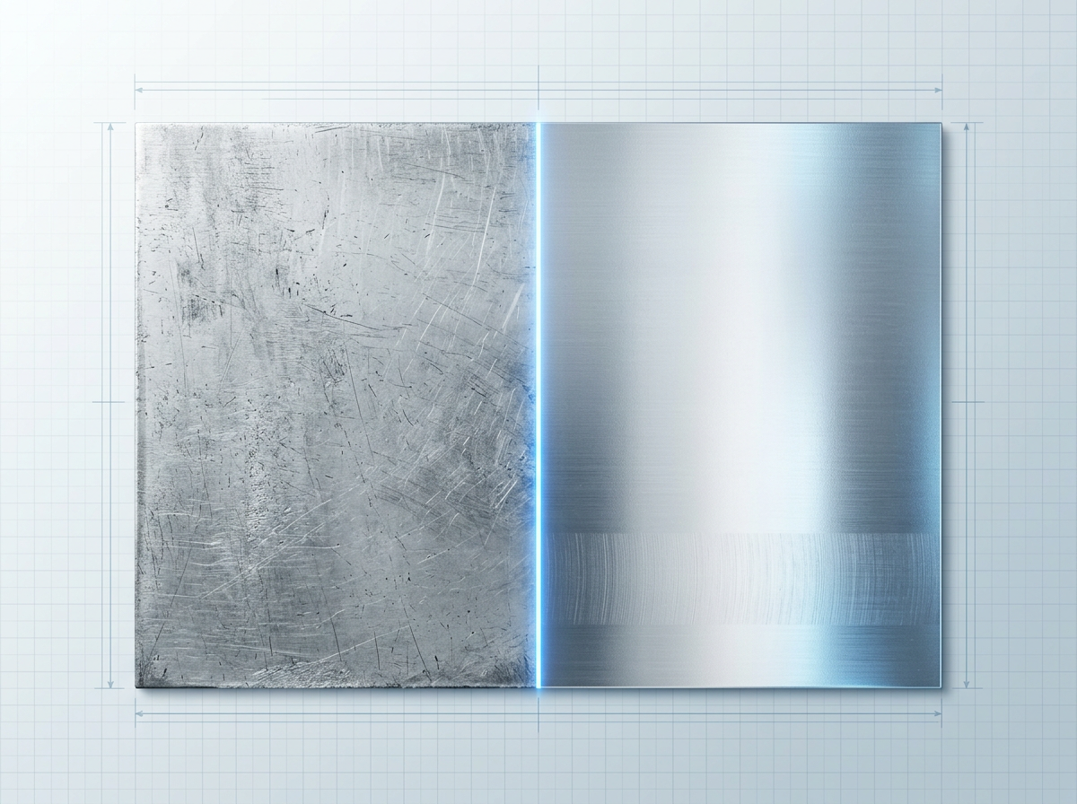 Split-screen comparison of aluminium surfaces: left side shows abrasive-cleaned surface with visible scratches and roughened texture; right side displays laser-cleaned pristine metallic finish with intact substrate and mirror-like reflectivity, divided by a thin electric blue line representing the laser cleaning process.