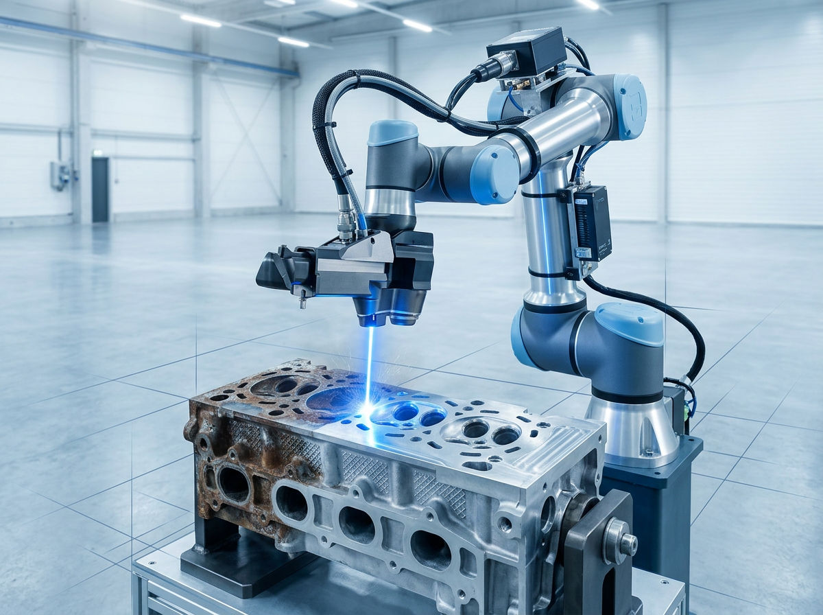 Robotic arm with laser cleaning head positioned over aluminium cylinder head component showing oxidation removal in production cell, with electric blue laser beam at contact point.