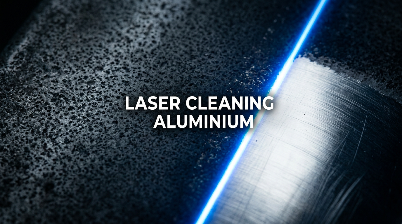 Macro close-up of dark oxidised aluminium surface with laser beam tracking across it, revealing clean reflective bare metal beneath while intense electric blue laser light creates stark contrast against surrounding matte corrosion.