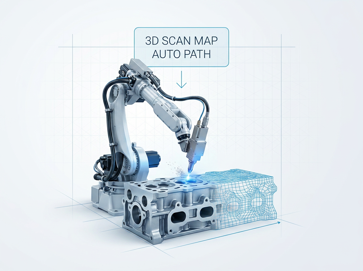 Industrial robotic arm with laser cleaning head positioned over an aluminium cylinder head component inside a bright production cell, with electric blue wireframe mesh overlay indicating 3D scanning and automated path generation.
