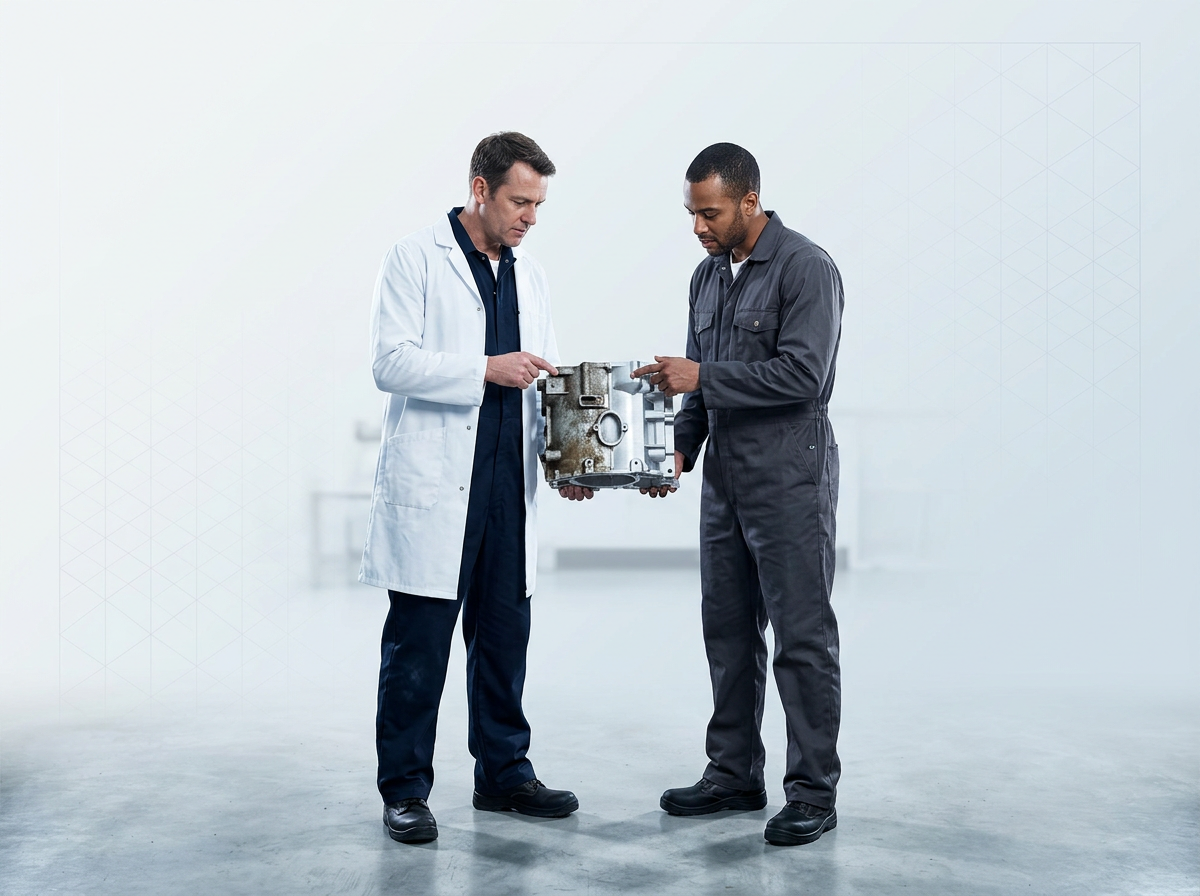 Two engineers in professional workwear examining an aluminium component together in a bright workshop, one side showing oxidation and the other clean bare metal.