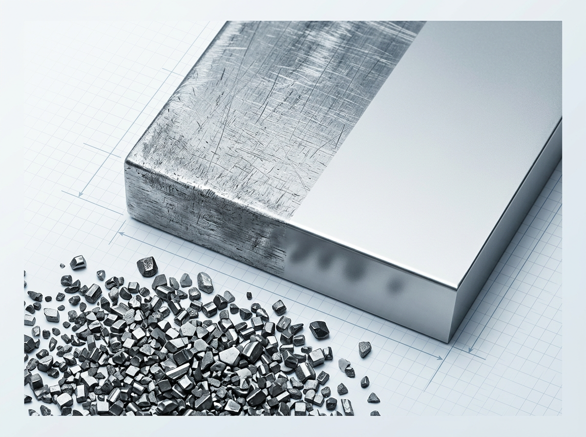 Close-up of aluminium component surface split between severely scratched, roughened left side and smooth reflective right side, with pile of angular abrasive media particles in foreground.