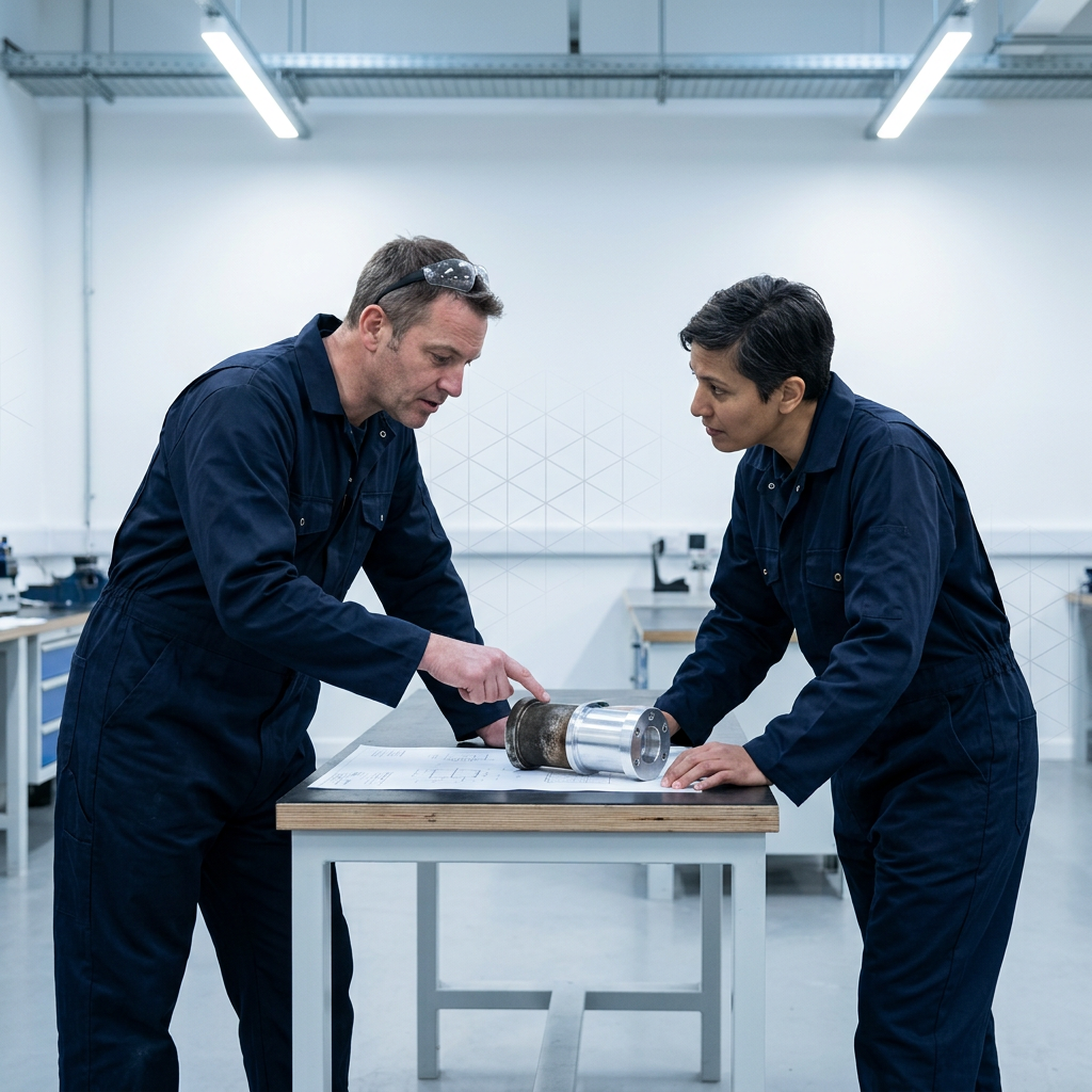 Two engineers in dark coveralls collaborating at a workbench in a bright UK manufacturing workshop, examining an aluminium component showing oxidation removal.
