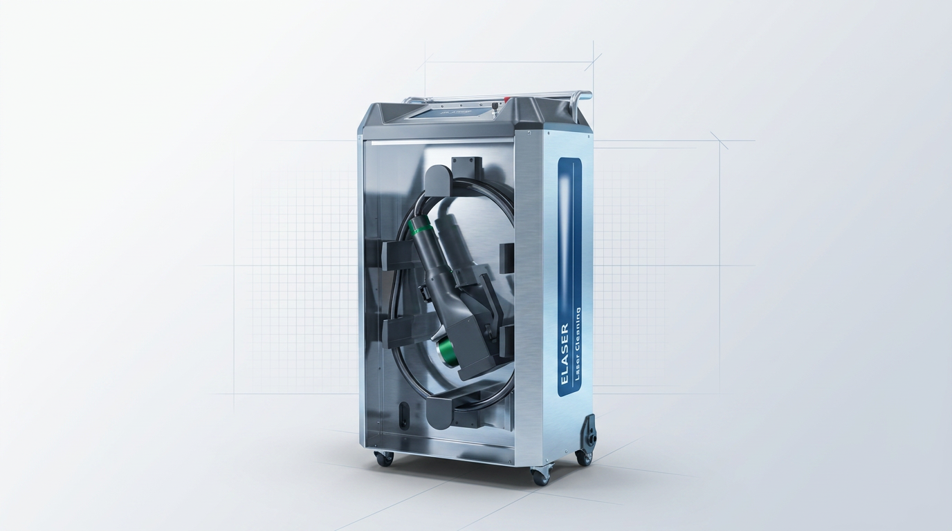 ELASER laser cleaning machine standing in bright industrial workspace with light grey background and subtle grid pattern, metal surfaces reflecting cool studio lighting