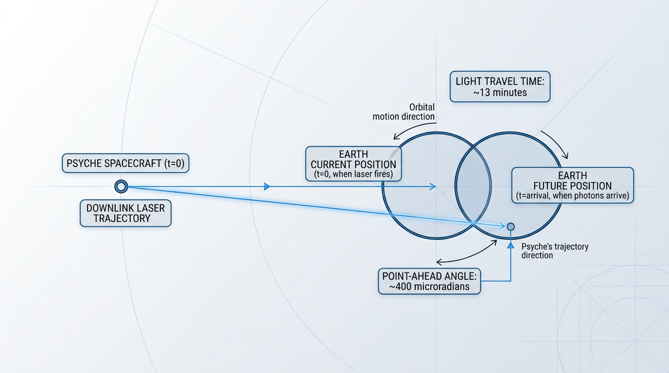 Point-ahead geometry diagram showing Psyche spacecraft position, Earth's current position when laser fires, Earth's future position when photons arrive, and the angular offset between them spanning approximately 400 microradians with 13-minute light travel time.