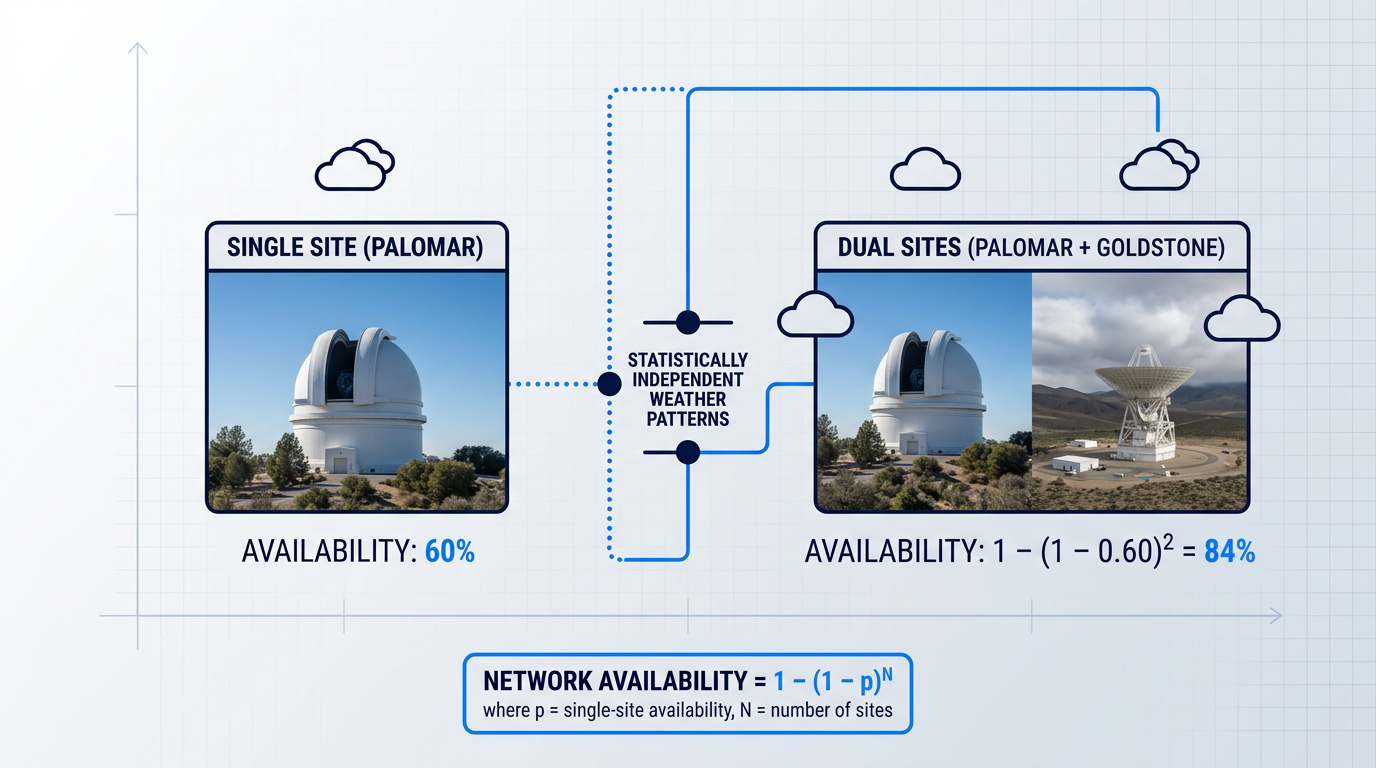 Network availability comparison showing single Palomar site at 60% availability versus dual Palomar-Goldstone sites at 84% availability, with formula 1−(1−p)ᴺ illustrating how geographic diversity improves optical ground station reliability.