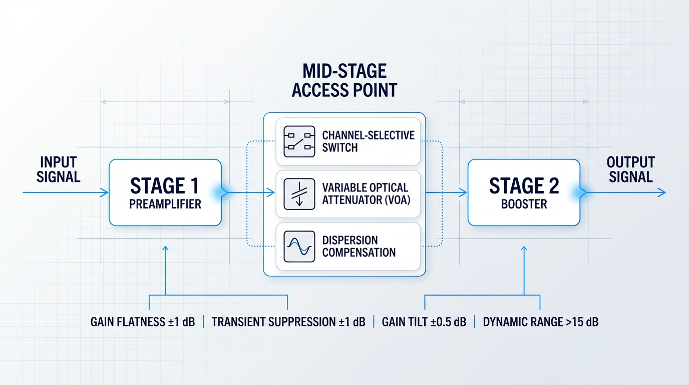 Flow diagram of two-stage mid-stage access EDFA architecture showing input signal entering Stage 1 preamplifier, passing through mid-stage access point with channel-selective switch, VOA, and dispersion compensation options, then entering Stage 2 booster before output. Performance metrics displayed below: gain flatness, transient suppression, gain tilt, and dynamic range specifications.