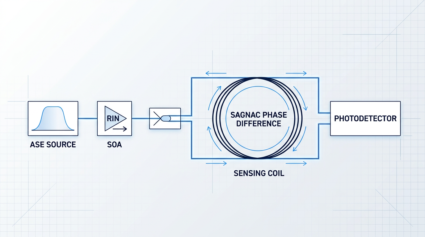 Schematic diagram of fibre optic gyroscope signal path: ASE source feeds into SOA for RIN suppression, through fibre coupler into sensing coil with counter-propagating beams creating Sagnac phase difference, returning to photodetector.