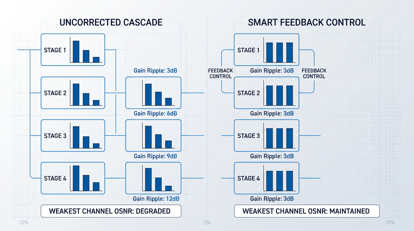 Two-column process flow comparing gain transient propagation: uncorrected cascade shows channel power imbalance growing from 3dB to 12dB ripple across four amplifier stages; smart feedback control maintains flat 3dB ripple throughout by suppressing disturbance at stage one.