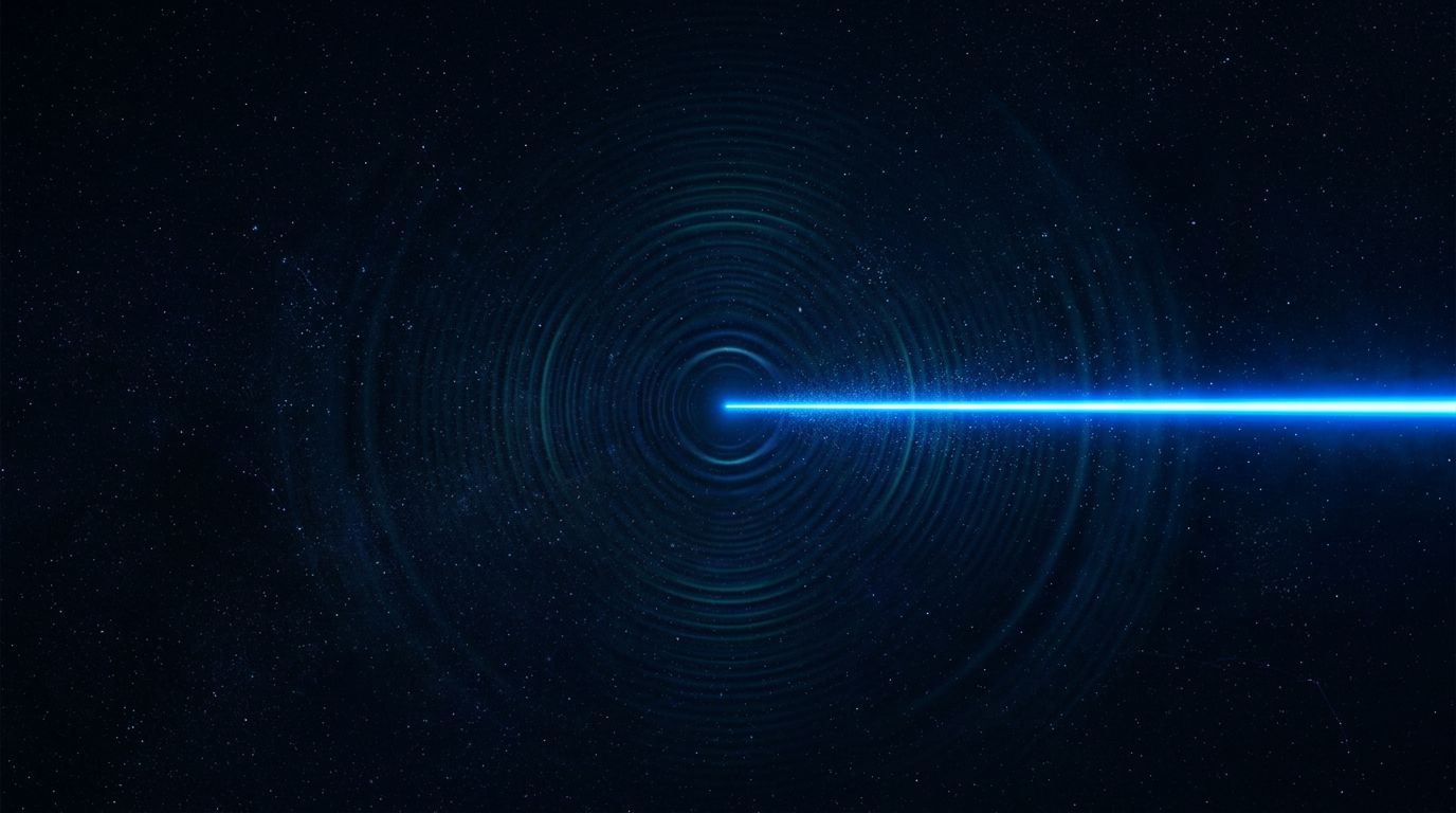 Narrow electric blue laser beam propagating through dark space with concentric interference patterns and particle diffraction effects visible along the trajectory.